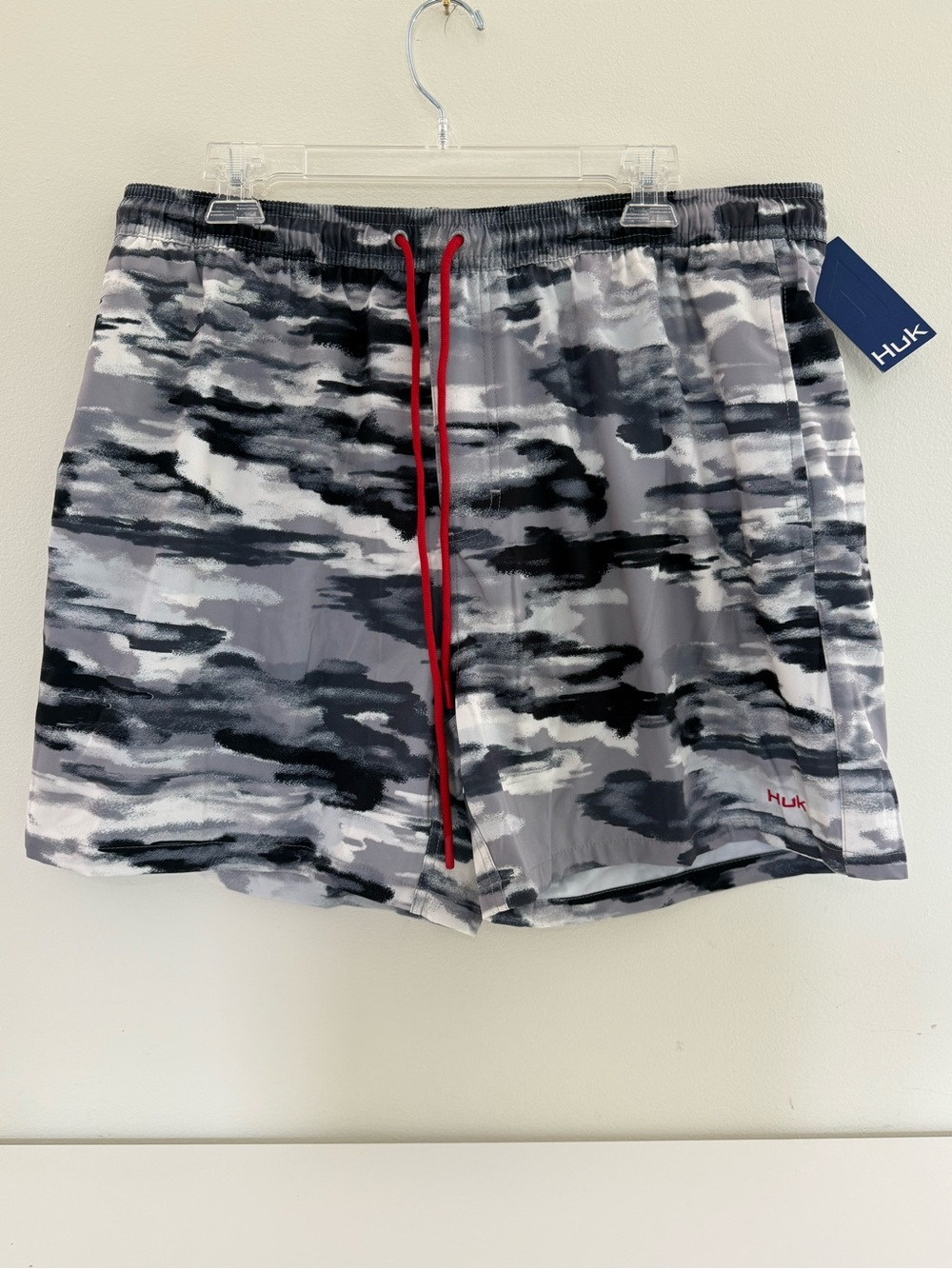Huk Gray Black White Camo Swim Trunks with Red Drawstring